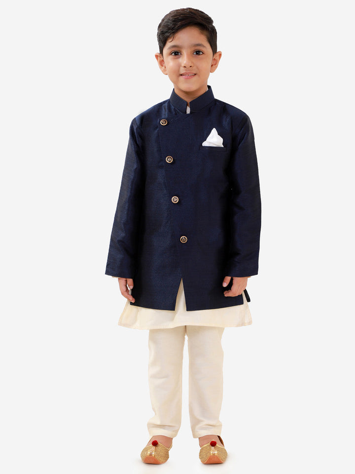 Vastramay Boys' Blue Silk Blend Jacket, Kurta and Pyjama Set