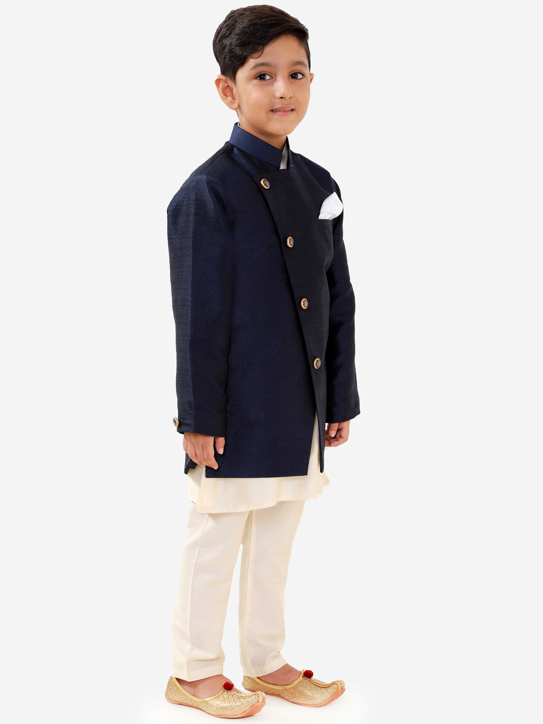 Vastramay Boys' Blue Silk Blend Jacket, Kurta and Pyjama Set