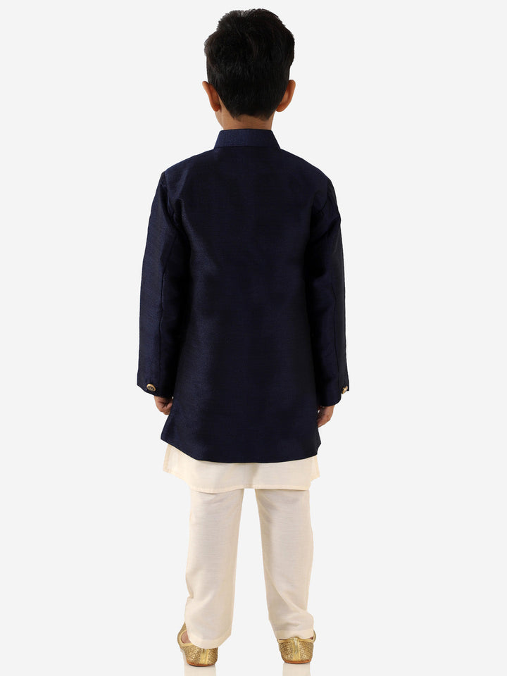 Vastramay Boys' Blue Silk Blend Jacket, Kurta and Pyjama Set