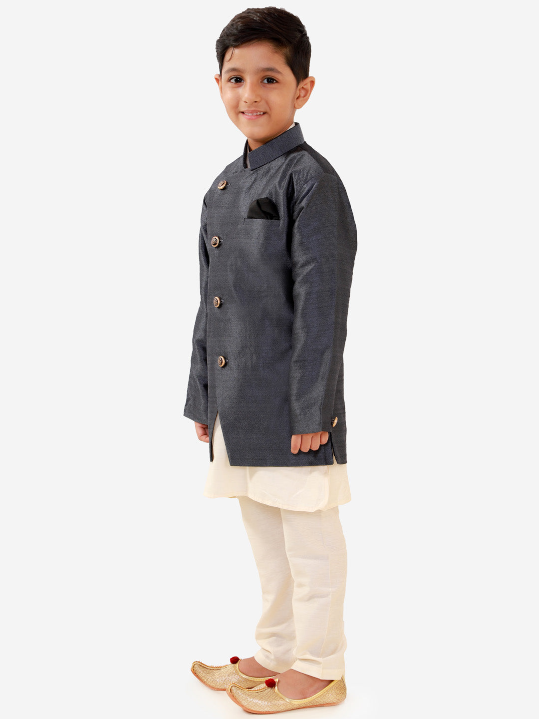 Vastramay Boys' Grey Silk Blend Jacket, Kurta and Pyjama Set