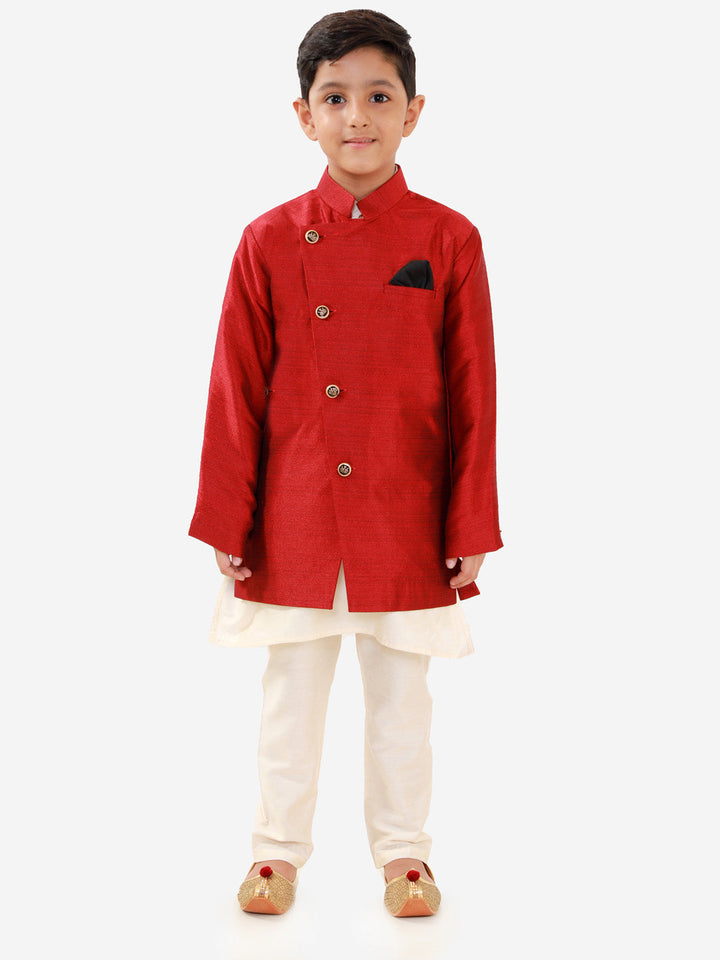 Vastramay Boys' Maroon Silk Blend Jacket, Kurta and Pyjama Set