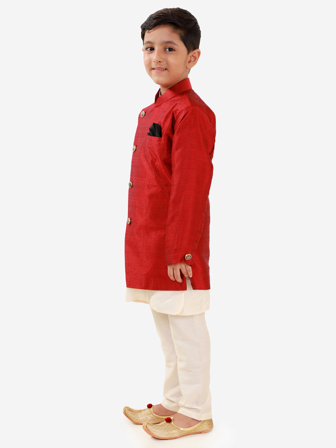 Vastramay Boys' Maroon Silk Blend Jacket, Kurta and Pyjama Set