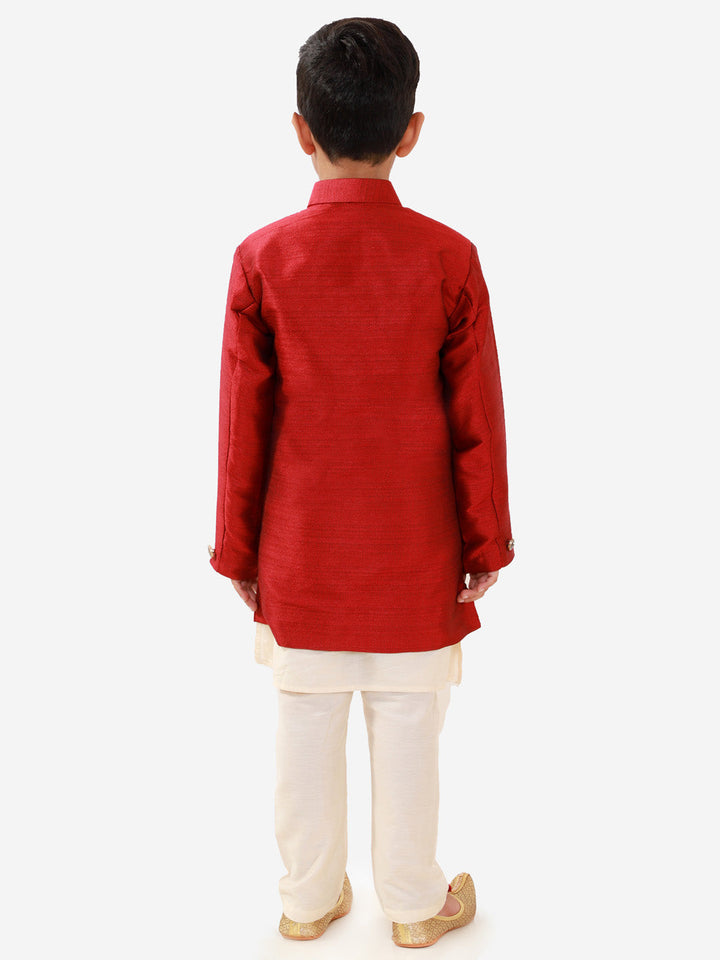 Vastramay Boys' Maroon Silk Blend Jacket, Kurta and Pyjama Set