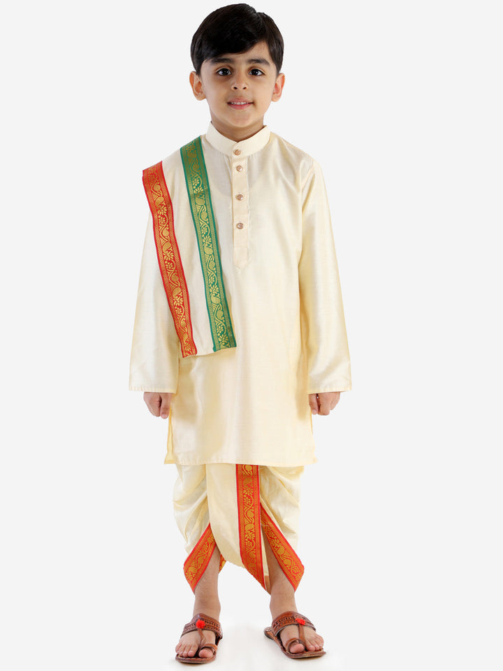 VASTRAMAY Boy's Gold Cotton Blend Kurta Dhoti and Dupatta Set