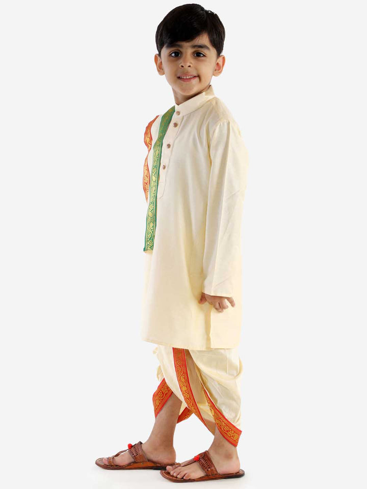 VASTRAMAY Boy's Gold Cotton Blend Kurta Dhoti and Dupatta Set