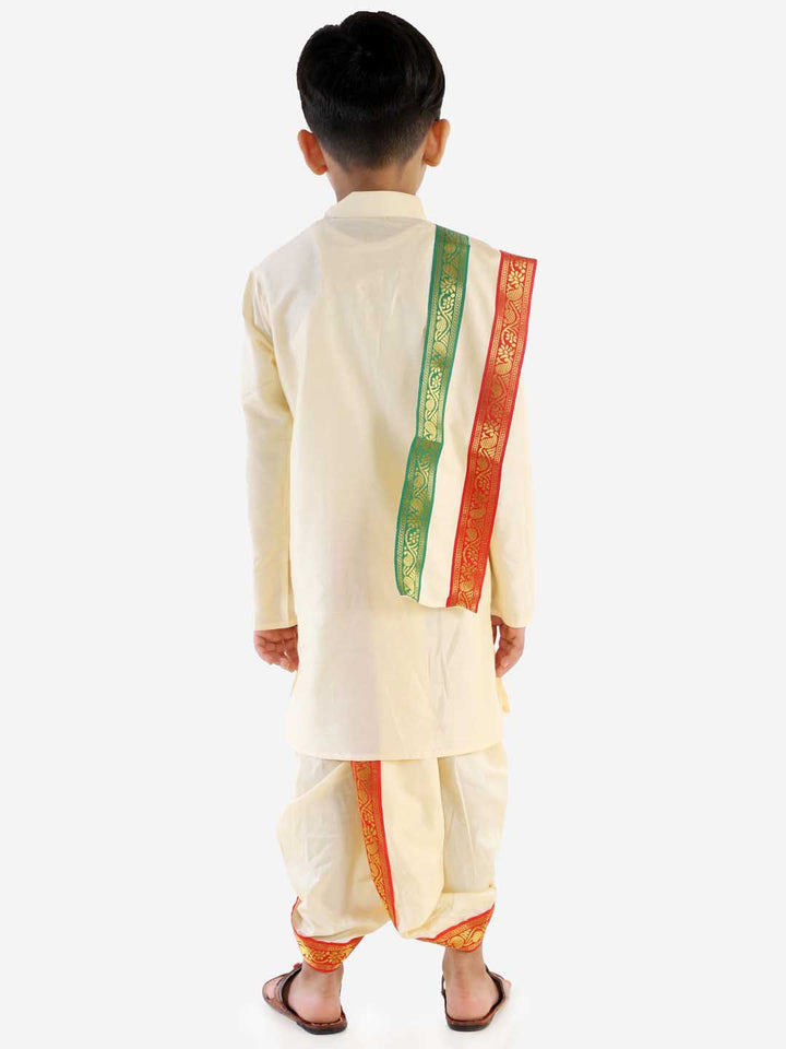 VASTRAMAY Boy's Gold Cotton Blend Kurta Dhoti and Dupatta Set