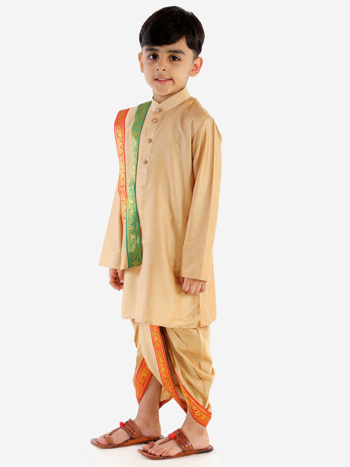 VASTRAMAY Boy's Rose Gold Cotton Blend Kurta Dhoti and Dupatta Set