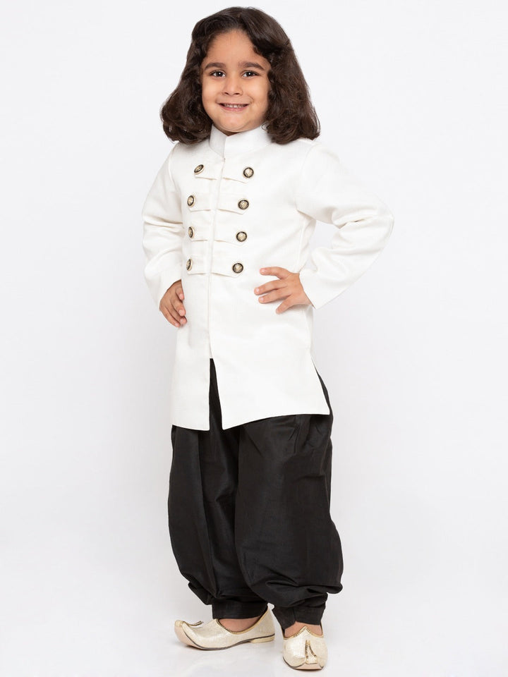 Vastramay Boy's White & Black Solid Slim-Fit Sherwani Set