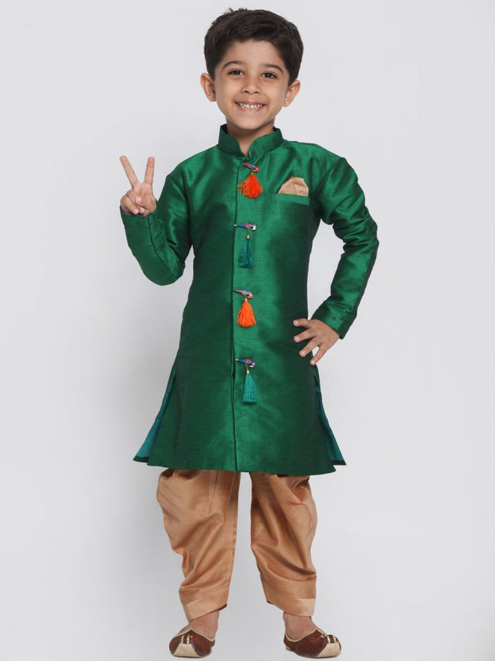 VASTRAMAY Boys' Green Cotton Silk Blend Kurta and Dhoti Set