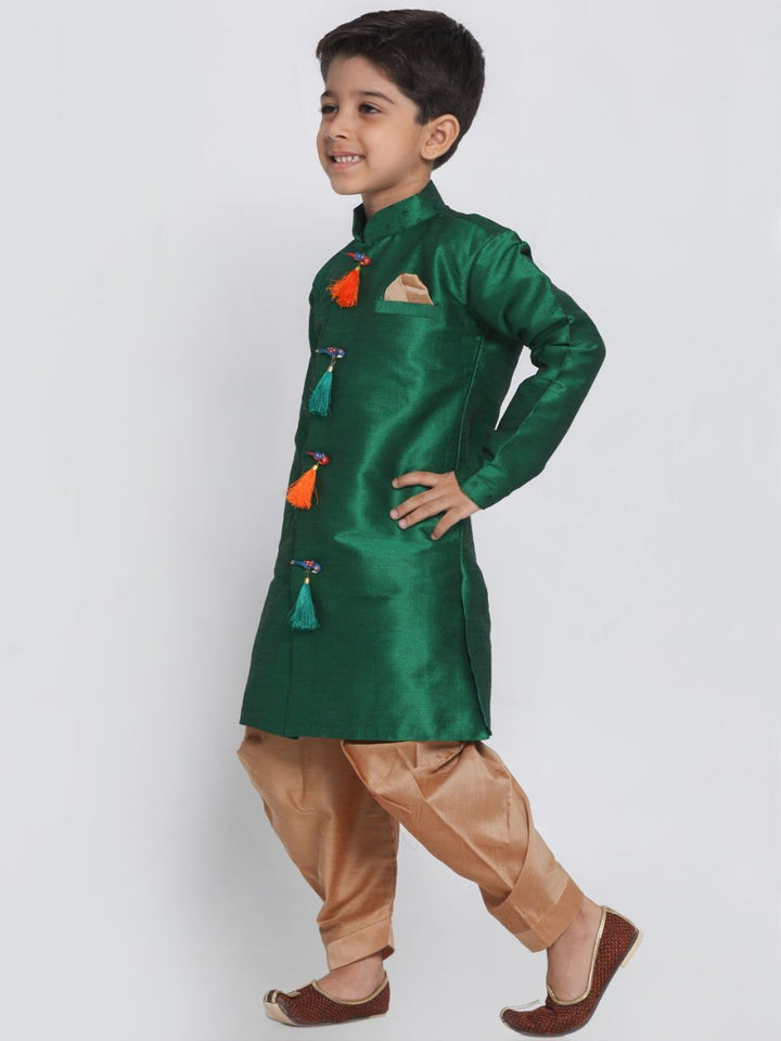 VASTRAMAY Boys' Green Cotton Silk Blend Kurta and Dhoti Set