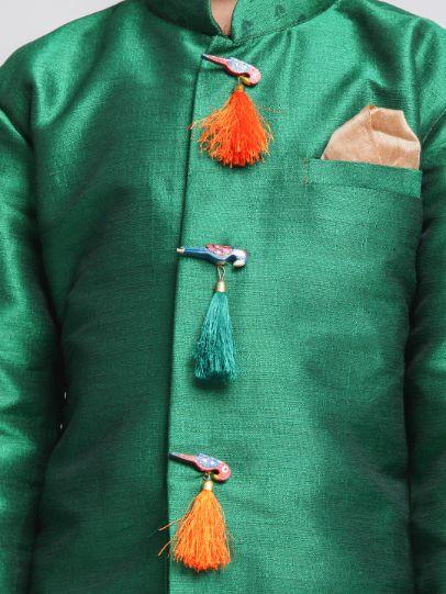 VASTRAMAY Boys' Green Cotton Silk Blend Kurta and Dhoti Set