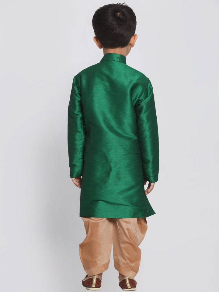 VASTRAMAY Boys' Green Cotton Silk Blend Kurta and Dhoti Set