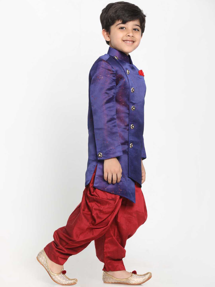 Vastramay Boys' Blue And Maroon Silk Blend Indowestern Sherwani And Dhoti Set