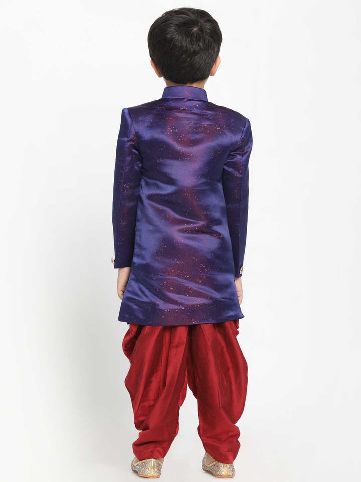 Vastramay Boys' Blue And Maroon Silk Blend Indowestern Sherwani And Dhoti Set