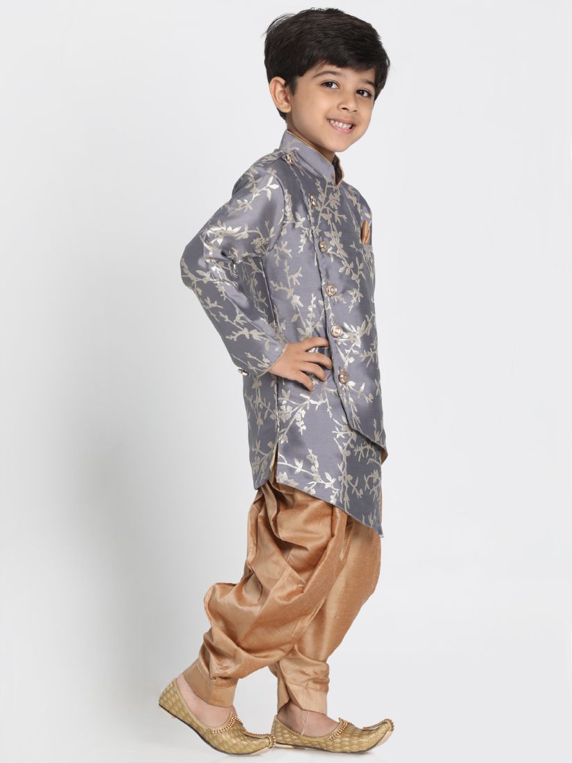 VASTRAMAY Boys' Grey Cotton Silk Blend Kurta and Dhoti Set