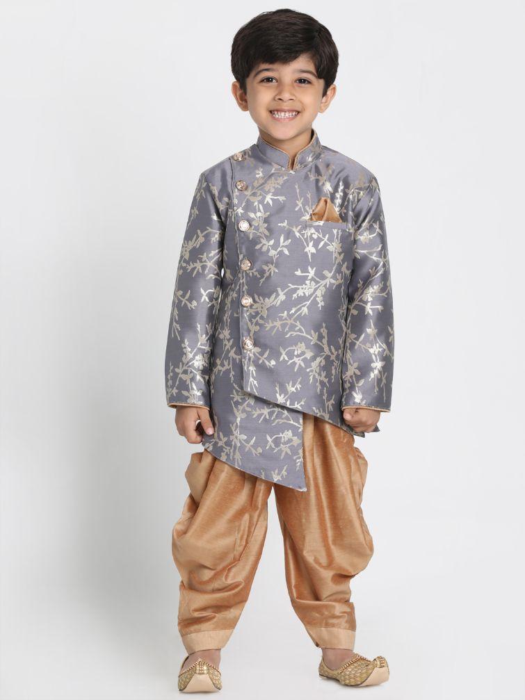 VASTRAMAY Boys' Grey Cotton Silk Blend Kurta and Dhoti Set