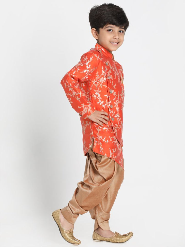 VASTRAMAY Boys' Orange Cotton Silk Blend Kurta and Dhoti Set