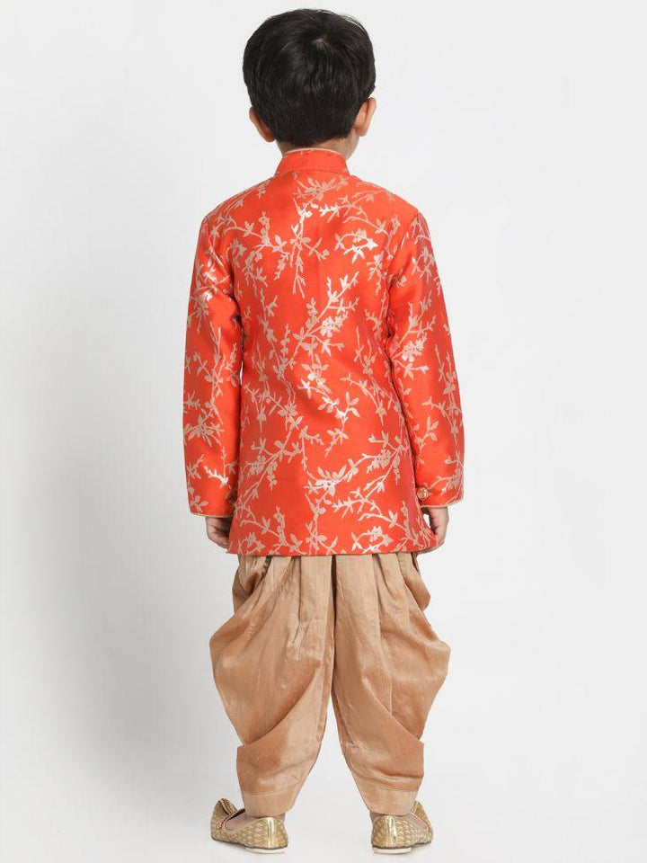 VASTRAMAY Boys' Orange Cotton Silk Blend Kurta and Dhoti Set