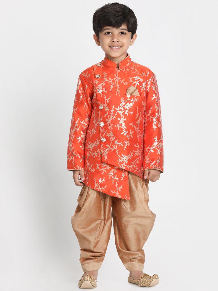 VASTRAMAY Boys' Orange Cotton Silk Blend Kurta and Dhoti Set