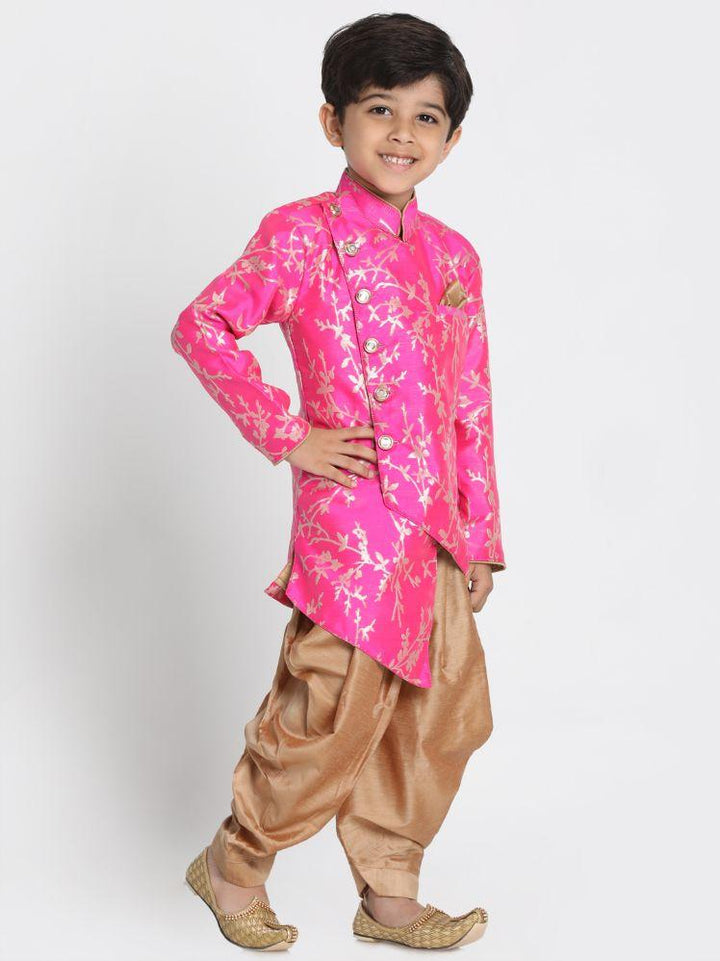 VASTRAMAY Boys' Pink Cotton Silk Blend Kurta and Dhoti Set