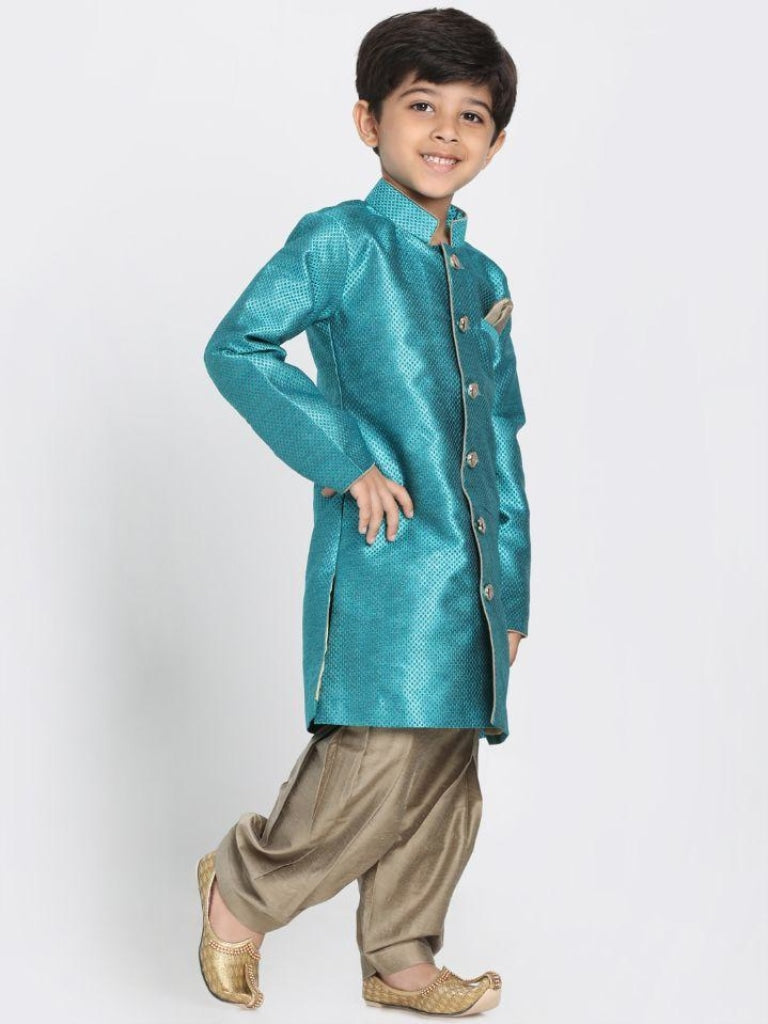 Boys' Green Jute Silk Blend Sherwani Set