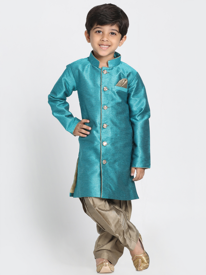 Boys' Green Jute Silk Blend Sherwani Set