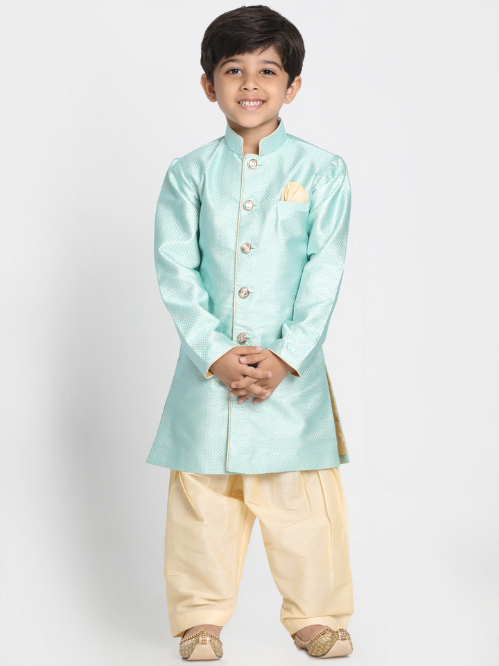 Boys' Mint Green Jute Silk Blend Sherwani Set