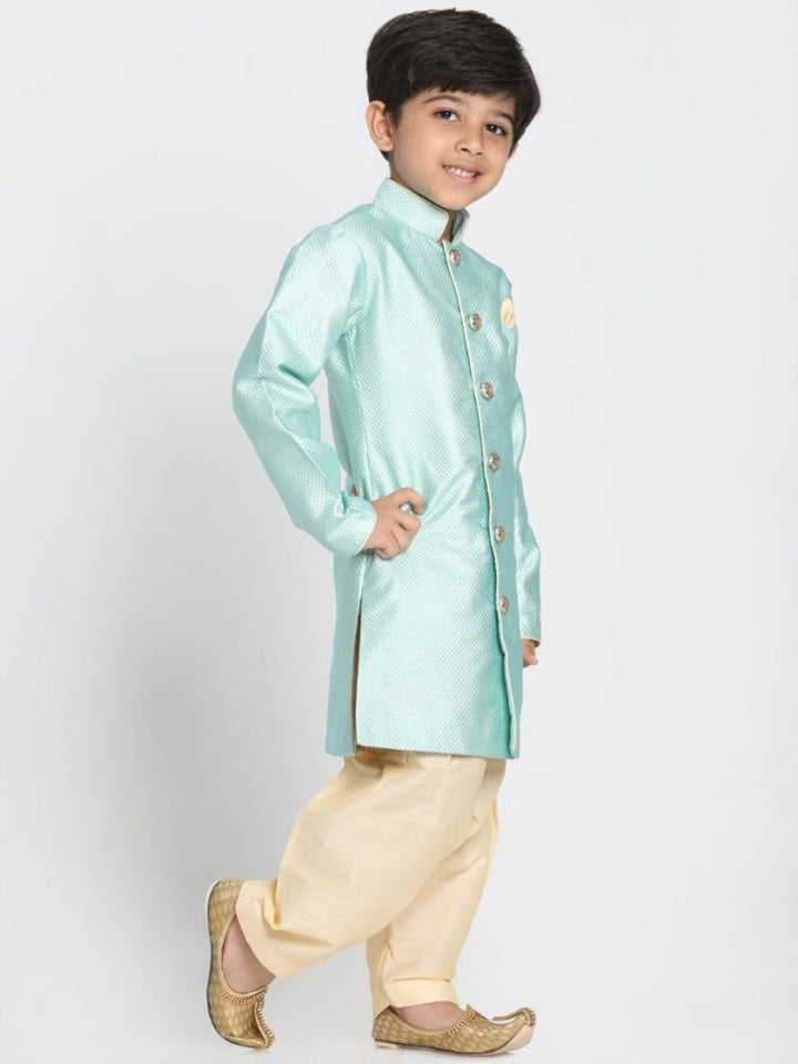 Boys' Mint Green Jute Silk Blend Sherwani Set