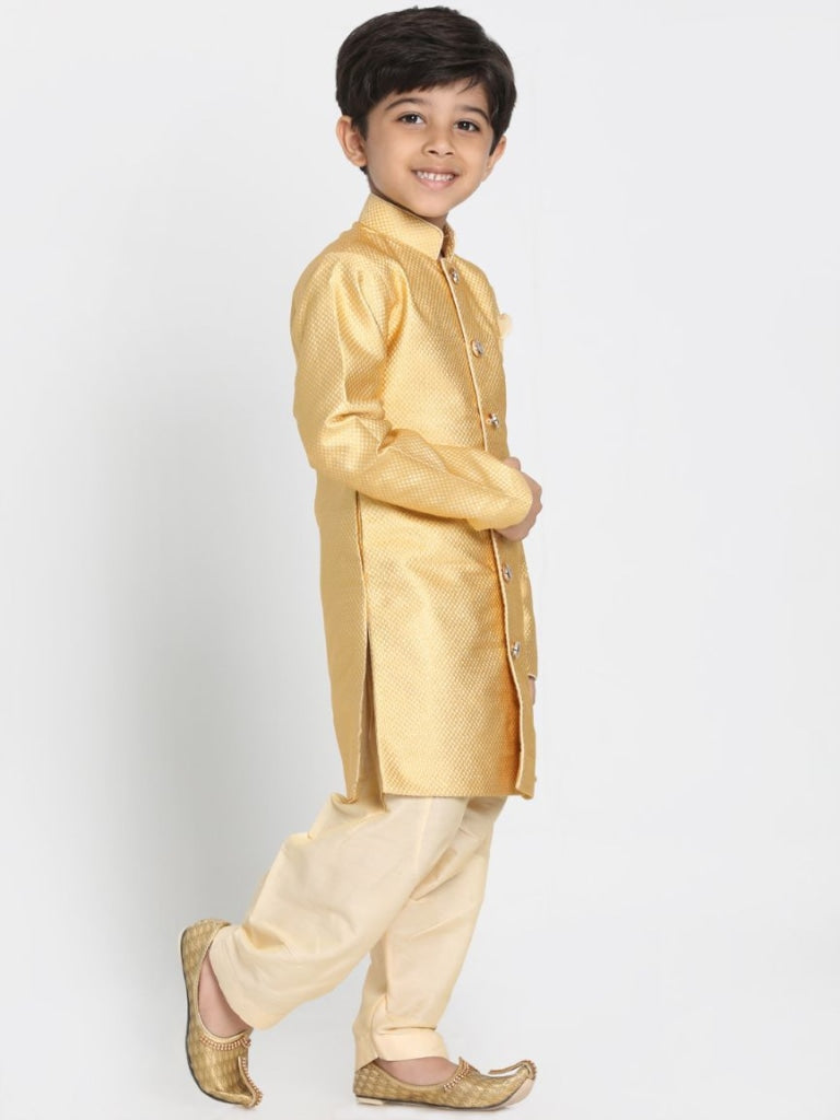 Vastramay Boys' Yellow Jute Silk Blend Sherwani Set