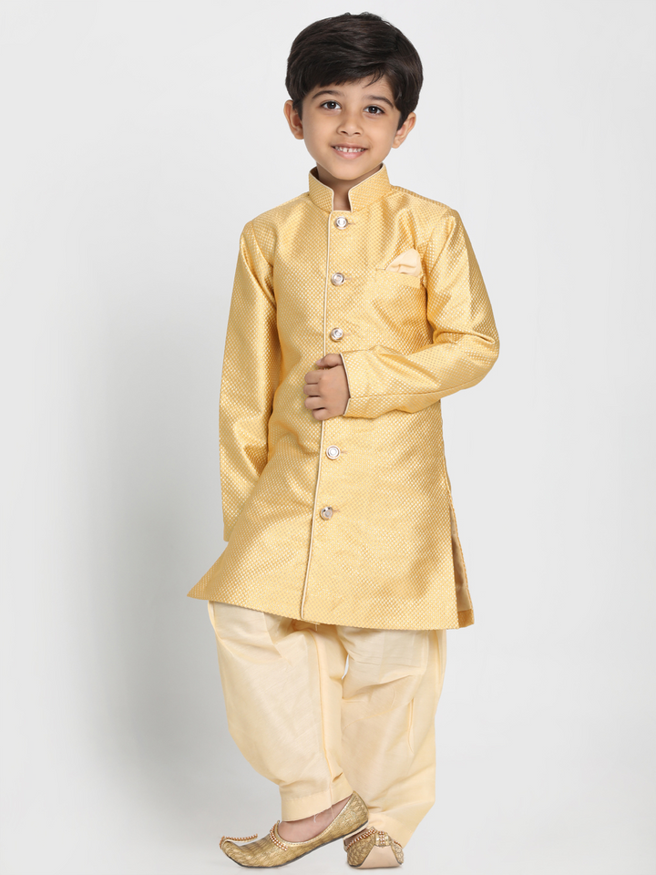 Vastramay Boys' Yellow Jute Silk Blend Sherwani Set