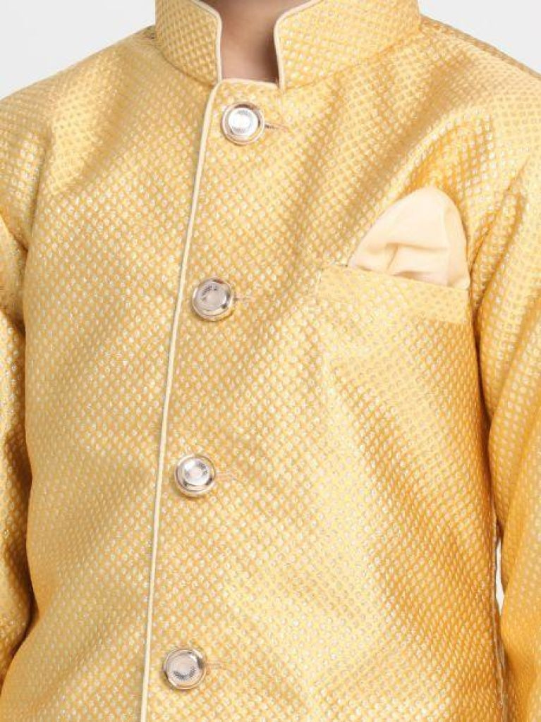 Vastramay Boys' Yellow Jute Silk Blend Sherwani Set