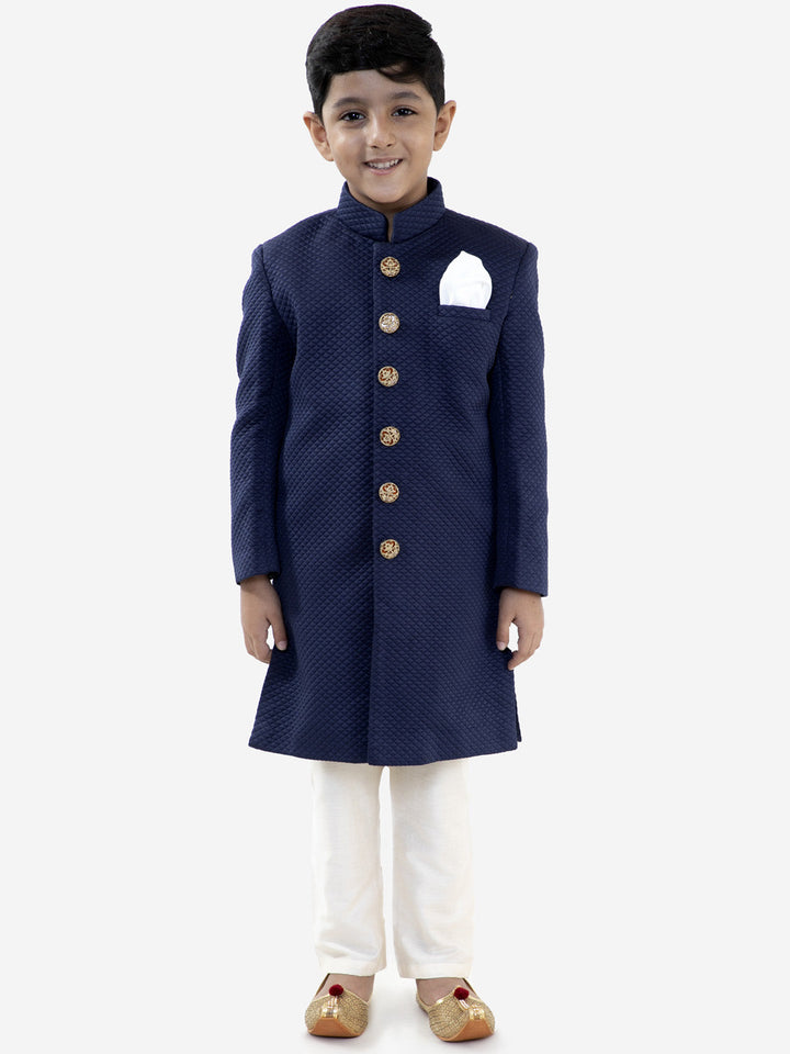 VASTRAMAY Boys Navy Blue Quilted Indowestern Sherwani and Churidar Set