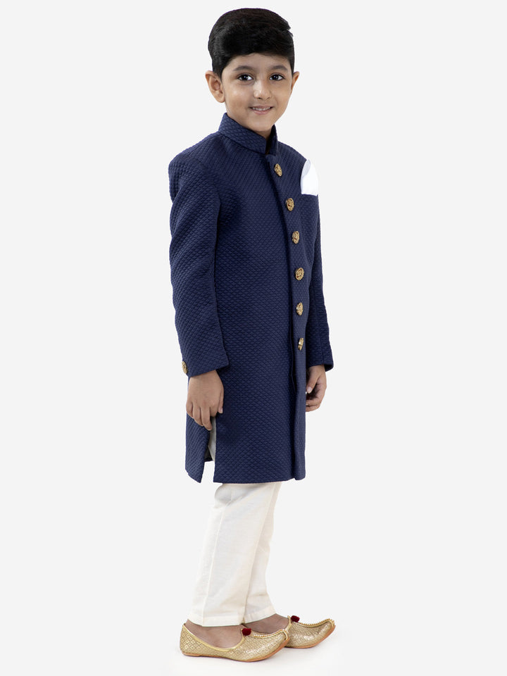 VASTRAMAY Boys Navy Blue Quilted Indowestern Sherwani and Churidar Set