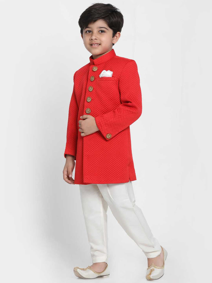 VASTRAMAY Boys Red Quilted Indowestern Sherwani and Churidar Set