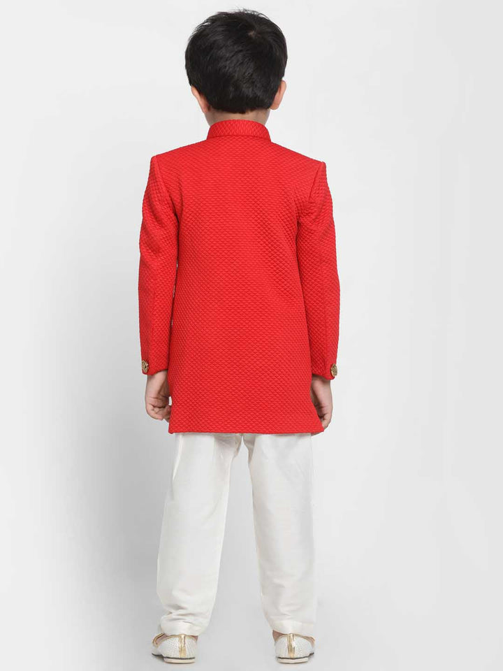 VASTRAMAY Boys Red Quilted Indowestern Sherwani and Churidar Set