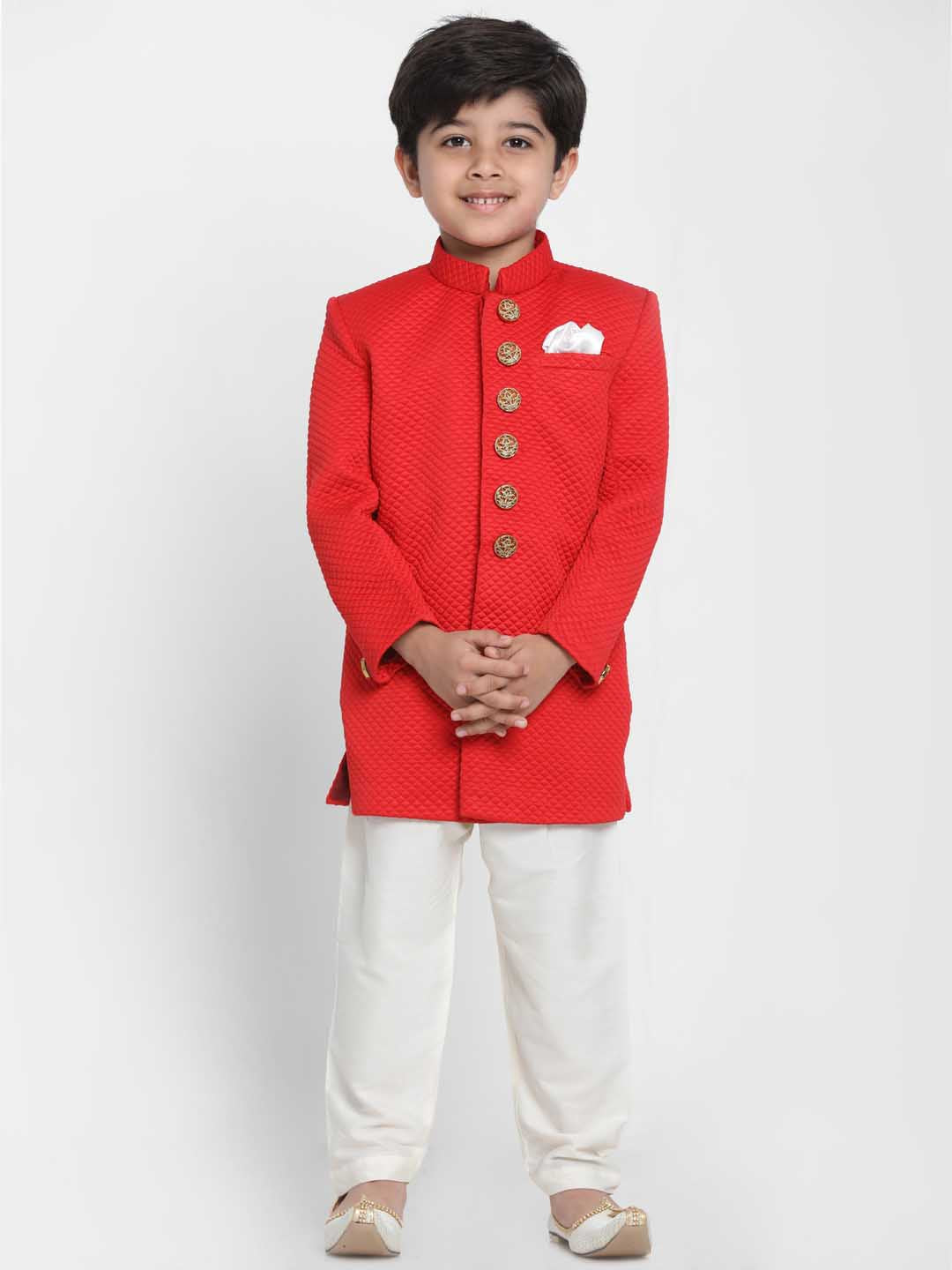 VASTRAMAY Boys Red Quilted Indowestern Sherwani and Churidar Set