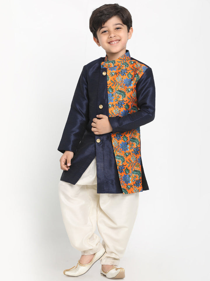 VASTRAMAY Boys Multicolor-Base-Navy Blue Silk Blend Kurta and Patiala Set