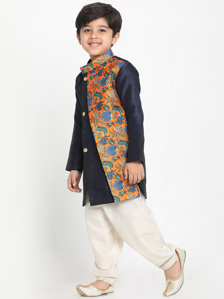 VASTRAMAY Boys Multicolor-Base-Navy Blue Silk Blend Kurta and Patiala Set