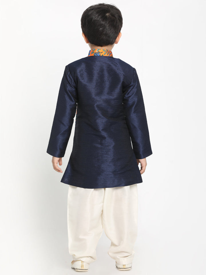 VASTRAMAY Boys Multicolor-Base-Navy Blue Silk Blend Kurta and Patiala Set