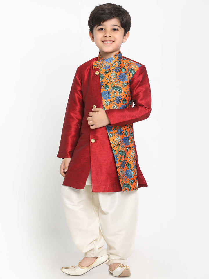 VASTRAMAY Boys Multicolor-Base-Red Silk Blend Kurta and Patiala Set