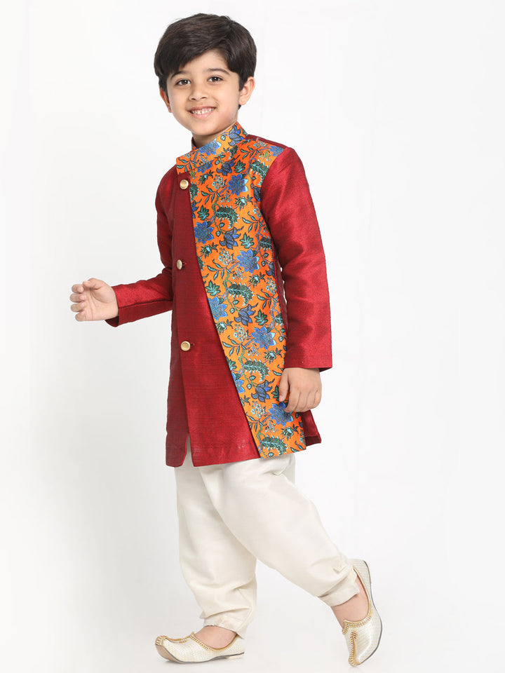 VASTRAMAY Boys Multicolor-Base-Red Silk Blend Kurta and Patiala Set