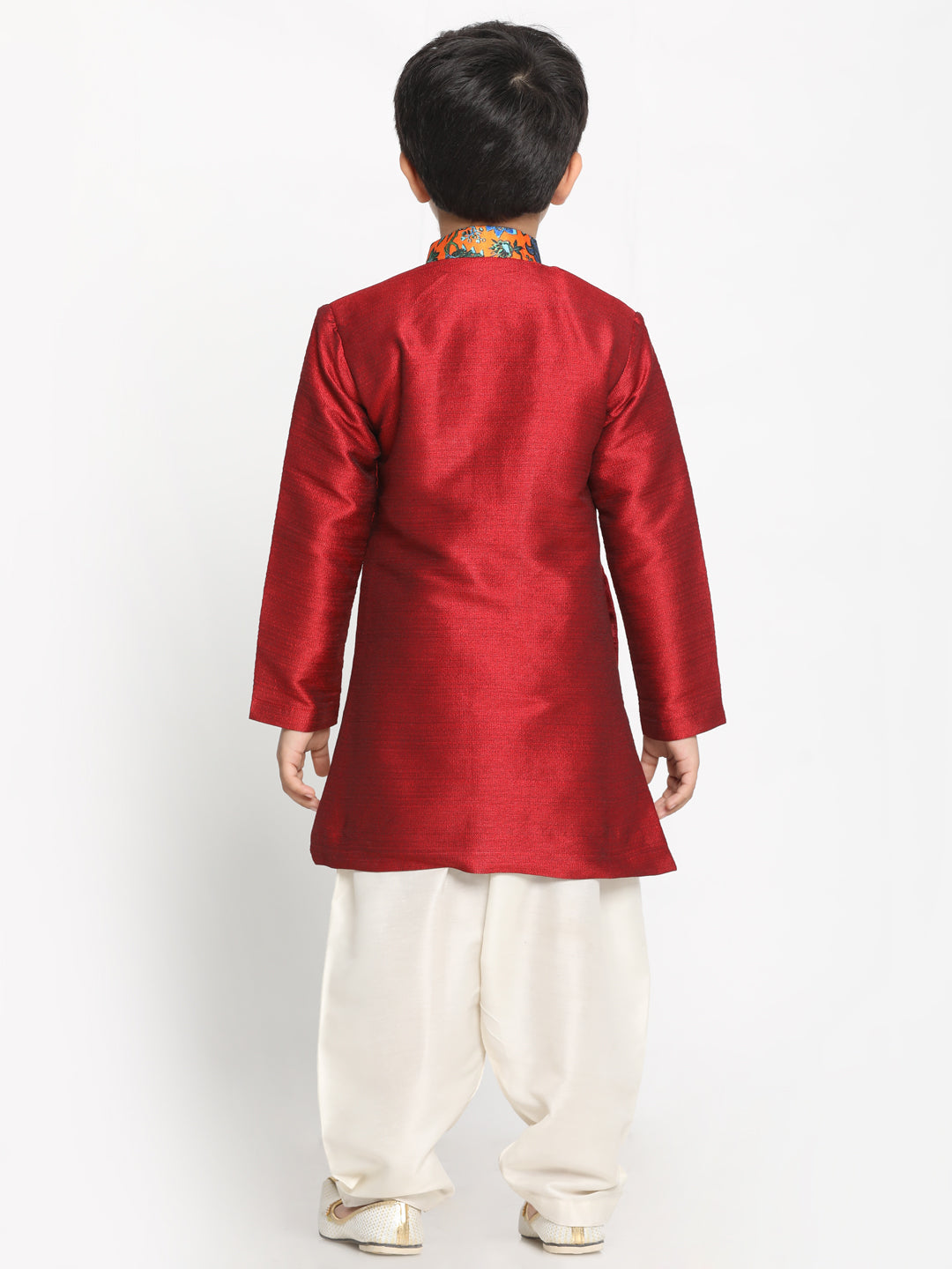 VASTRAMAY Boys Multicolor-Base-Red Silk Blend Kurta and Patiala Set