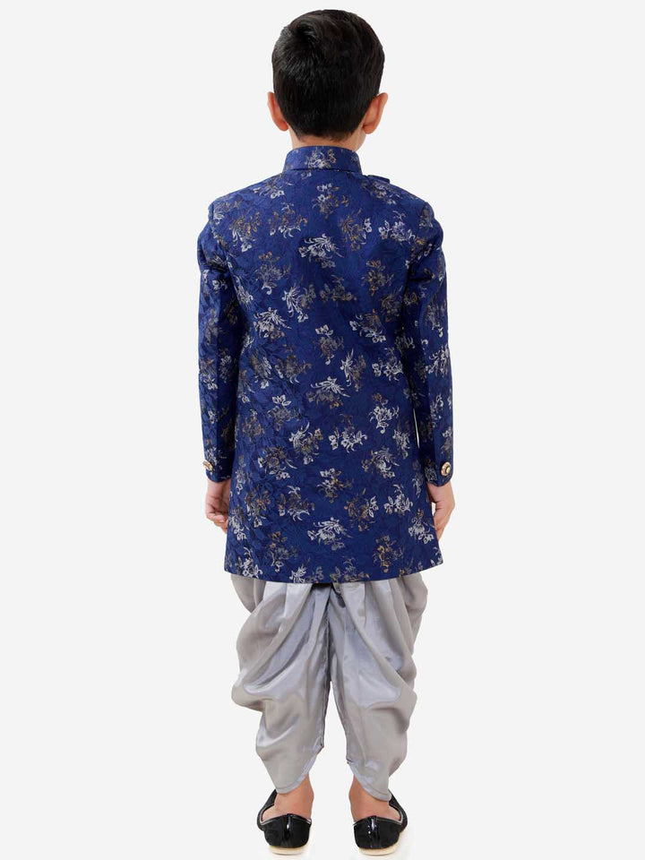 VASTRAMAY Boys Blue And Grey Angrakha Style Indowestern Sherwani And Dhoti Set