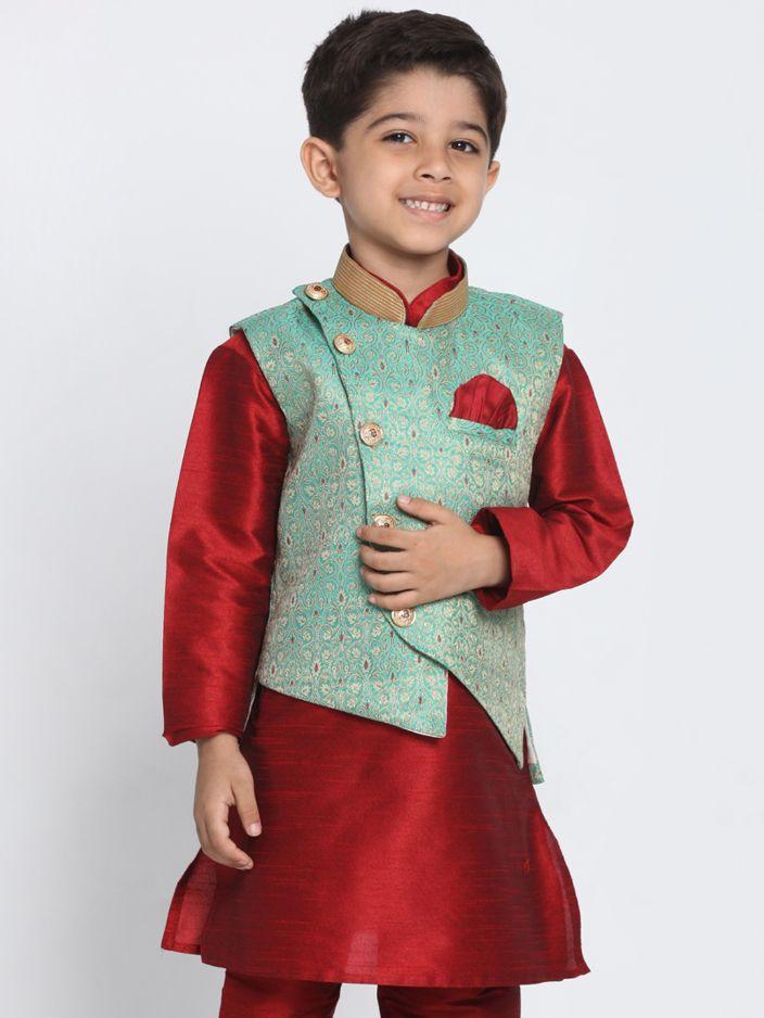 VASTRAMAY Boys' Green Cotton Silk Blend Nehru Jacket