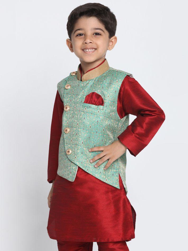 VASTRAMAY Boys' Green Cotton Silk Blend Nehru Jacket