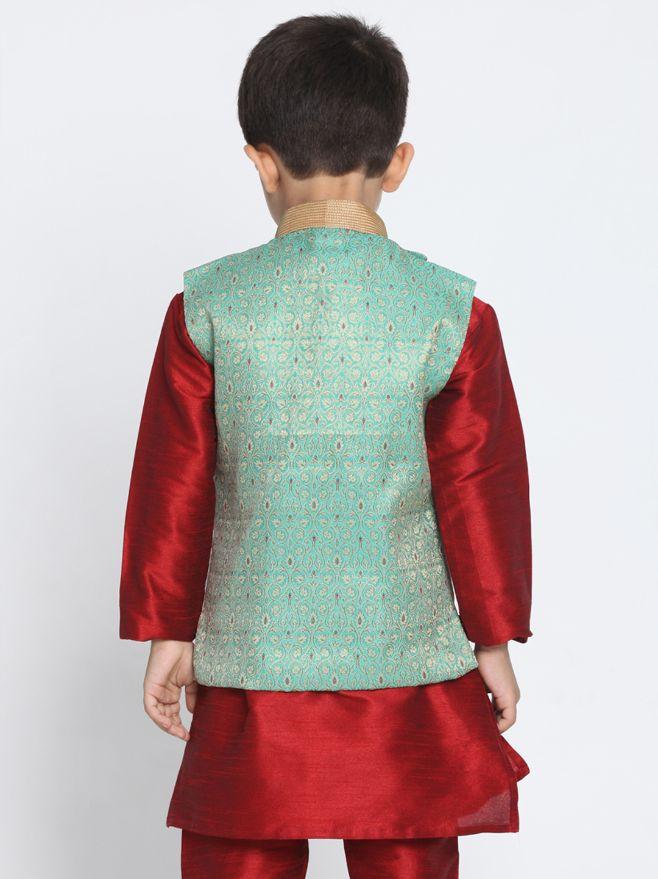 VASTRAMAY Boys' Green Cotton Silk Blend Nehru Jacket