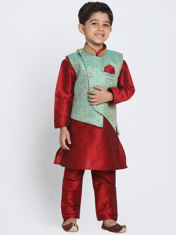 VASTRAMAY Boys' Green Cotton Silk Blend Nehru Jacket