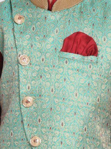 VASTRAMAY Boys' Maroon Silk Blend Kurta, Nehru Jacket and Pyjama Set