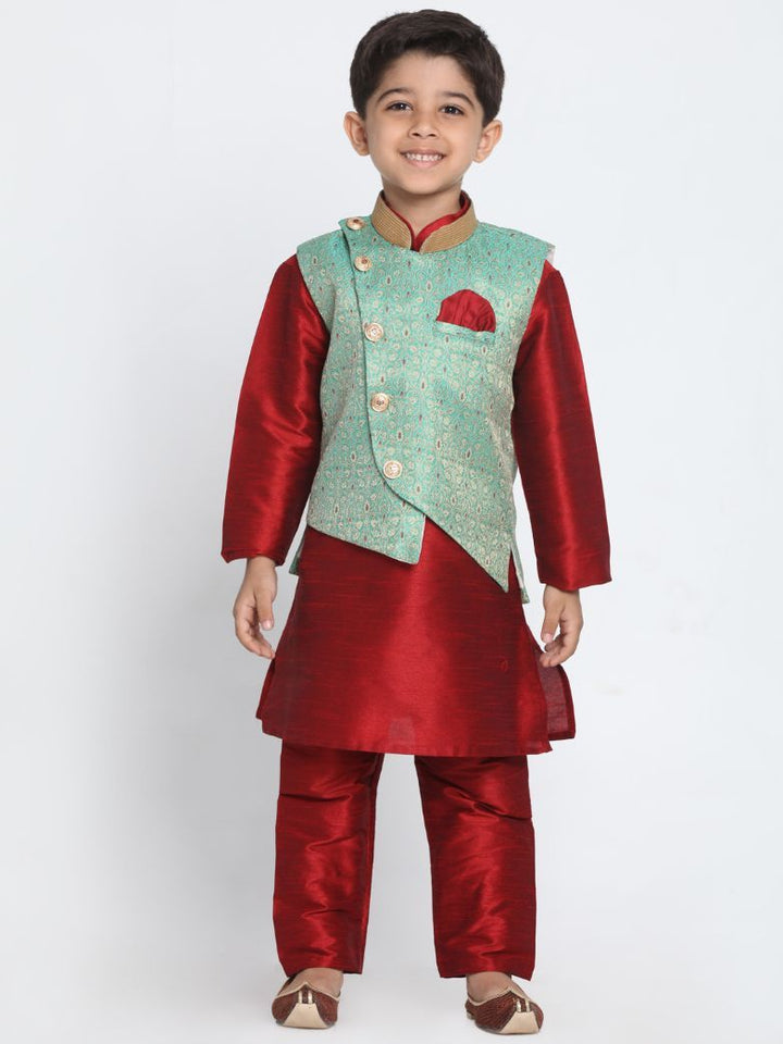 VASTRAMAY Boys' Maroon Silk Blend Kurta, Nehru Jacket and Pyjama Set