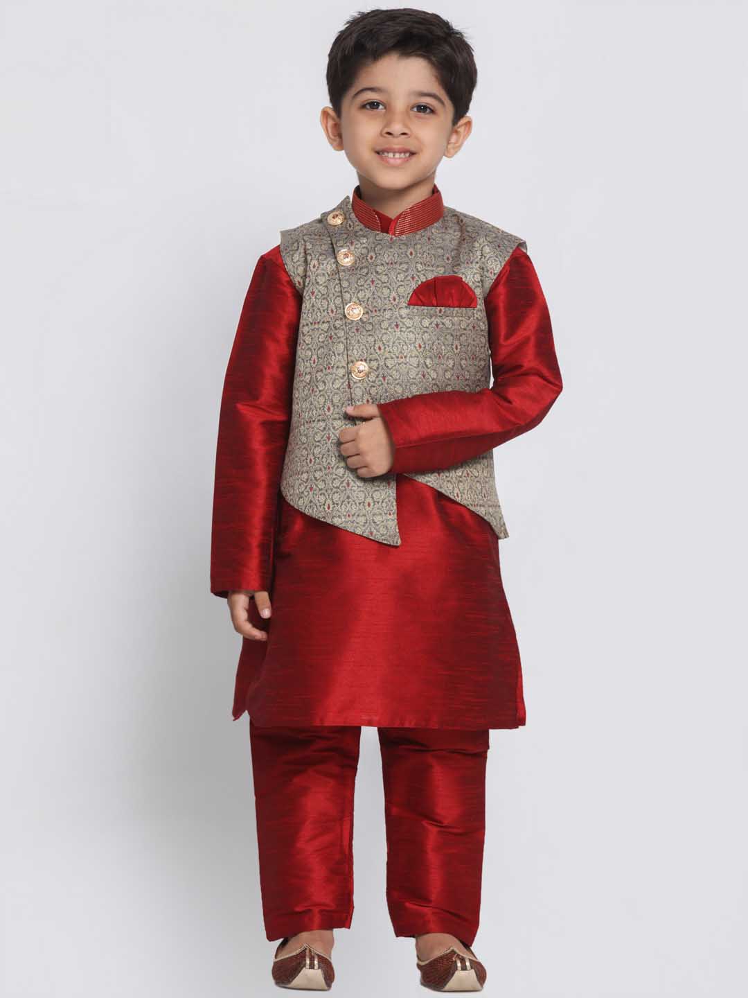 Vastramay Boys' Grey Cotton Silk Blend Nehru Jacket